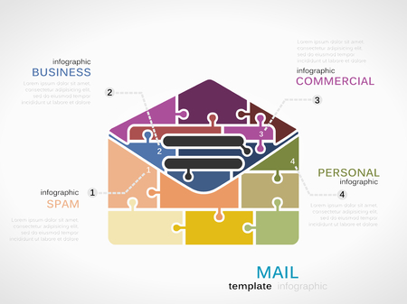 Mail infographic template with mail envelope made out of puzzle piecesのイラスト素材