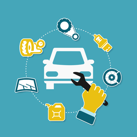 Garage concept illustration with car components on blue backgroundのイラスト素材