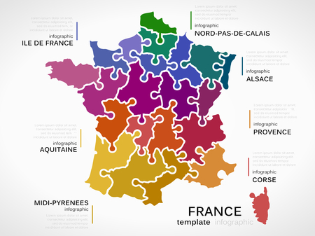 Map of France concept infographic template with regions made out of puzzle piecesのイラスト素材