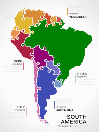 Map of South America concept infographic template with countries made out of puzzle piecesのイラスト素材