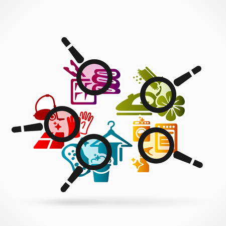 Abstract illustration of house cleaning . Colorful housekeeping icons and magnifier glassのイラスト素材