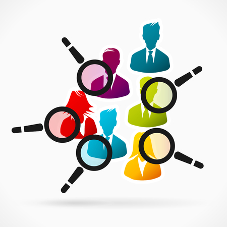 Abstract illustration of employee review . Colorful silhouette icons and magnifier glassのイラスト素材