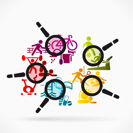 Abstract illustration of physiotherapy. Colorful sport icons and magnifier glassのイラスト素材