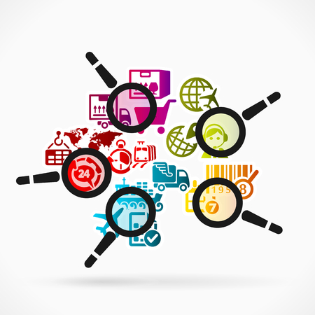 Abstract illustration of delivery tracking. Colorful logistics icons and magnifier glassのイラスト素材