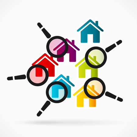 Abstract illustration of home surveillance. Colorful house icons and magnifier glassのイラスト素材