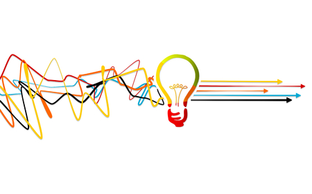 Abstract process solving, idea concept with light bulb over tangled lines with arrows pointing rightのイラスト素材