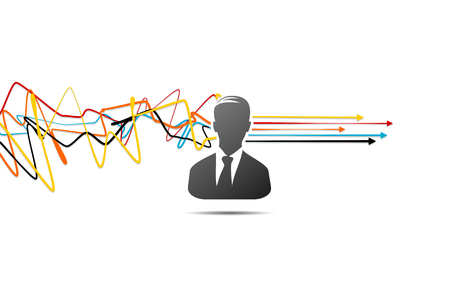 Business process solving, thinking man concept with avatar icon over tangled lines with arrows pointing rightのイラスト素材