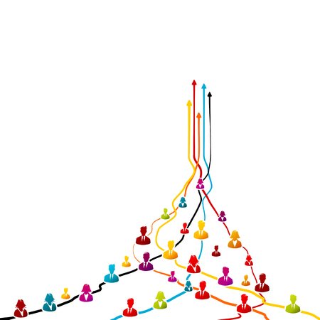 Business cohesion, unity concept with colorful avatar icons over tangled lines with arrows pointing upのイラスト素材