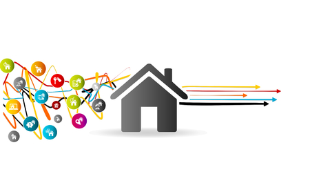 Solving property issues, house market analysis concept with colorful avatar house icons over tangled lines with arrows pointing rightのイラスト素材