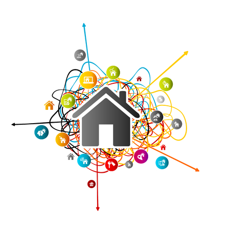 Real estate prediction, house market analysis concept with colorful avatar icons over tangled lines with arrows pointing different directionsのイラスト素材