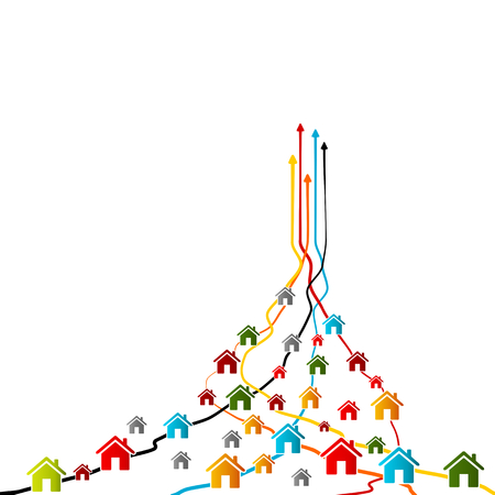 House market trend, real estate analysis concept with colorful avatar house icons over tangled lines with arrows pointing upのイラスト素材