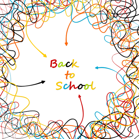 Back to school concept with colorful letters and tangled lines with arrows pointing towards centerのイラスト素材