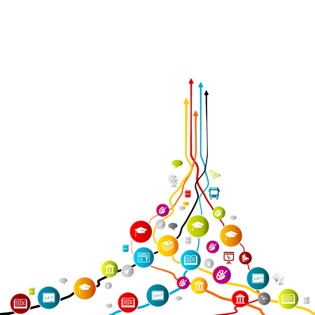 School concept with colorful education icons over tangled lines with arrows pointing upのイラスト素材