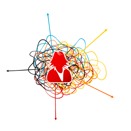 Confused concept with red woman silhouettes and tangled lines with arrows pointing different directionsのイラスト素材