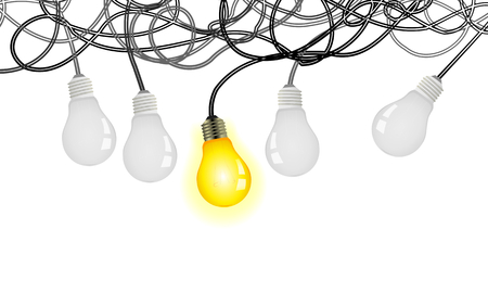 Complicated idea vector illustration with light bulbs and tangled power cablesのイラスト素材