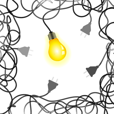 Squared idea vector illustration with light bulb, power plugs and tangled power cablesのイラスト素材