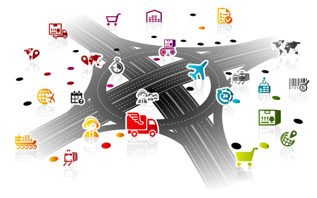 Logistic infrastructure abstract illustration with modern highway crossroad and logistic iconsのイラスト素材