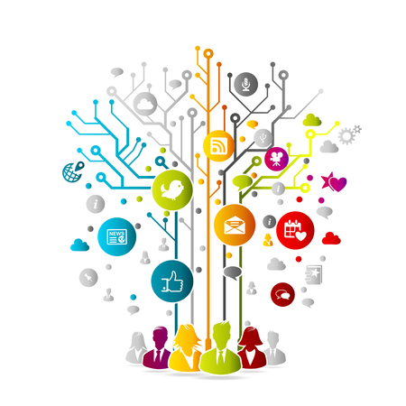 Social media concept illustration with colorful internet icons over circuit boardのイラスト素材