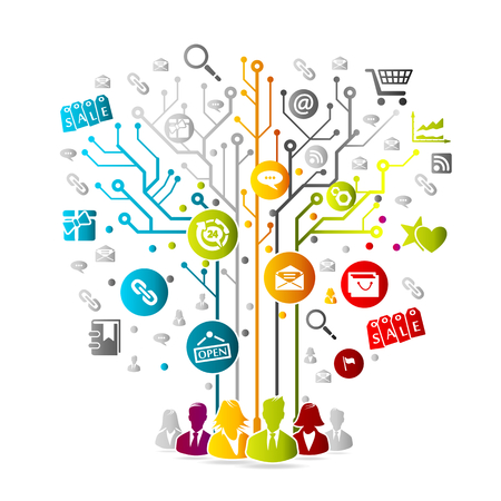 Digital marketing concept illustration with colorful internet icons over circuit boardのイラスト素材