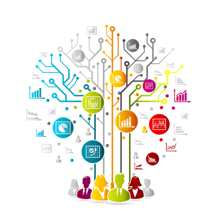Statistics concept illustration with colorful icons over circuit boardのイラスト素材