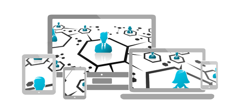 Network abstract concept with colorful blue silhouettes, mobile phone, tablet, computer and laptop.のイラスト素材