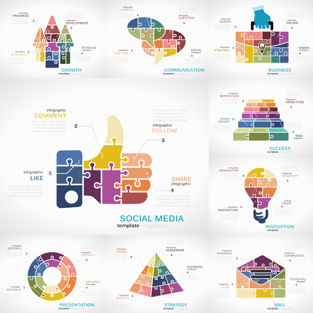 Business infographics pack with Growth, Communication, Business, Social Media, Success, Innovation, Presentation, Strategy and Mail puzzle illustrationsのイラスト素材