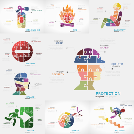 Safety infographics pack with Protection, Extinguisher, Fire, Car Safety, Security, Hazard, Stress, and Accident puzzle illustrationsのイラスト素材