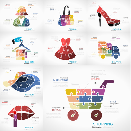Shopping infographic pack with Fashion, Women, Delivery and Lipstick puzzle illustrationsのイラスト素材