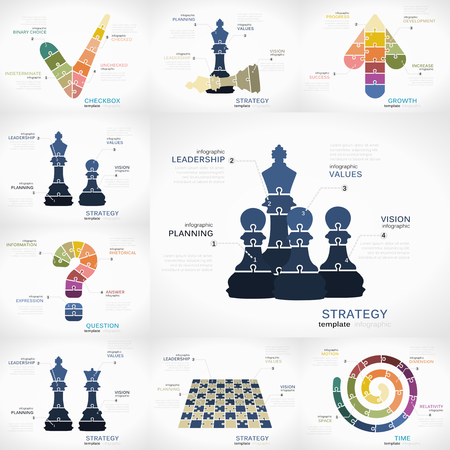 Strategy infographic collection pack with Check box, Growth, Strategy, Question and Time puzzle illustrationsのイラスト素材