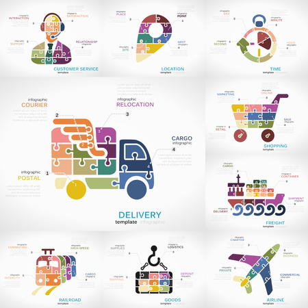 Delivery infographic collection pack with Customer Service, Location, Time, Shopping, Freight, Railroad, Goods and Airline puzzle illustrationsのイラスト素材