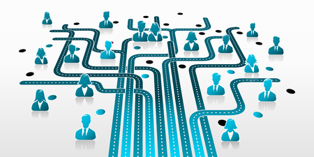 Business globalization concept with blue people silhouettes and road infrastructureのイラスト素材