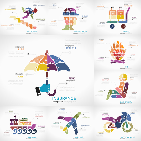 Insurance infographic collection pack with Accident, Protection, Travel, Fire, Car safety, Freight, Airline and Motorcycle puzzle illustrationsのイラスト素材
