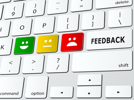 Feedback concept illustration with multiple icons over computer keyboard.のイラスト素材