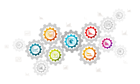 Statistics concept illustration with icons and gear.のイラスト素材
