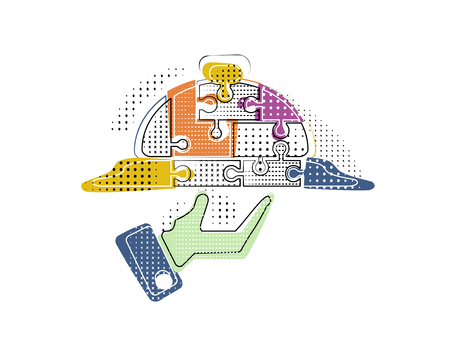 Abstract vector illustration of a plate made out of puzzle pieces in memphis styleのイラスト素材