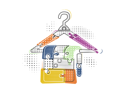 Abstract vector illustration of a clothes hanger made out of puzzle pieces in memphis styleのイラスト素材
