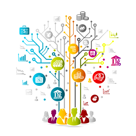 Technology concept illustration with colorful icons over circuit boardのイラスト素材