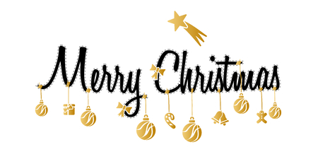 Christmas ornaments hanging on a golden rope isolated on white backgroundのイラスト素材