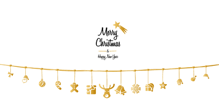 Christmas ornaments hanging on a golden rope isolated on white backgroundのイラスト素材