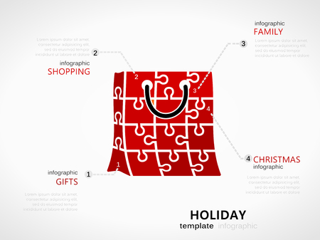 Christmas holiday infographic template with red shopping bag symbol made out of jigsaw piecesのイラスト素材