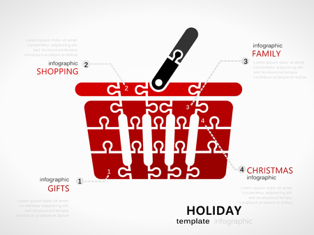 Christmas holiday infographic template with red shopping basket symbol made out of jigsaw piecesのイラスト素材