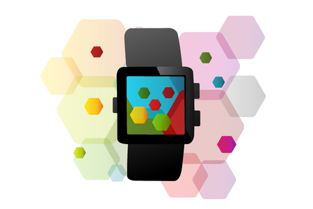 Smart watch concept with watch symbol over colorful abstract hexagon shapesのイラスト素材
