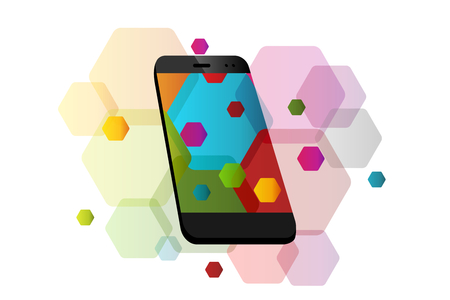Smart phone concept with mobile phone symbol over colorful abstract hexagon shapesのイラスト素材