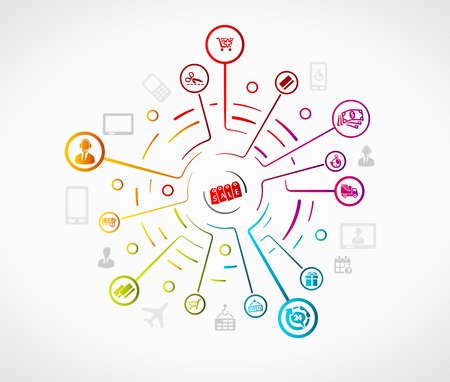E-commerce concept illustration with colorful icons over gridのイラスト素材
