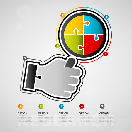 Five options research timeline infographic design with magnifying glass icon made out of jigsaw piecesのイラスト素材
