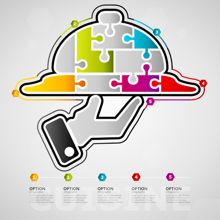 Five options Cuisine timeline infographic design with tray icon made out of jigsaw piecesのイラスト素材