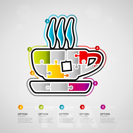 Five options tea timeline infographic design with tea cup icon made out of jigsaw piecesのイラスト素材