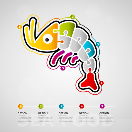 Five options food timeline infographic design with Seafood icon made out of jigsaw piecesのイラスト素材