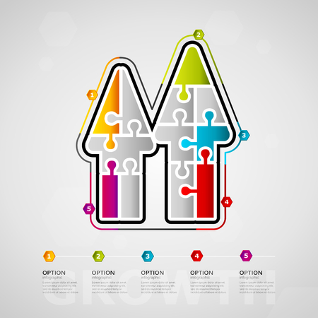 Five options Growth timeline infographic design with arrow icons made out of jigsaw piecesのイラスト素材