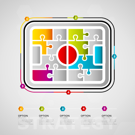 Five options strategy timeline infographic design with soccer field icon made out of jigsaw piecesのイラスト素材